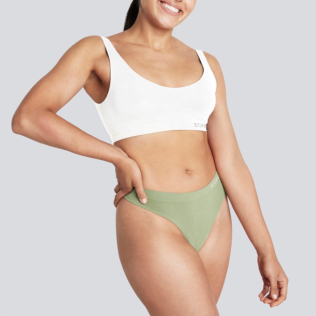 Women's SmoothFit Thong - Sage - Bamboo Underwear - Model:Natalia